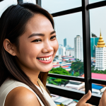 **Image Prompt:** A modern Thai woman smiling and looking confidently at a smartphone displaying a personalized newsfeed with diverse information tiles. In the background, a blurred cityscape of Bangkok. Emphasis on bright, engaging colors and a user-friendly digital interface. (Focus: Portraying the ease and empowerment of using an intelligent data platform.)