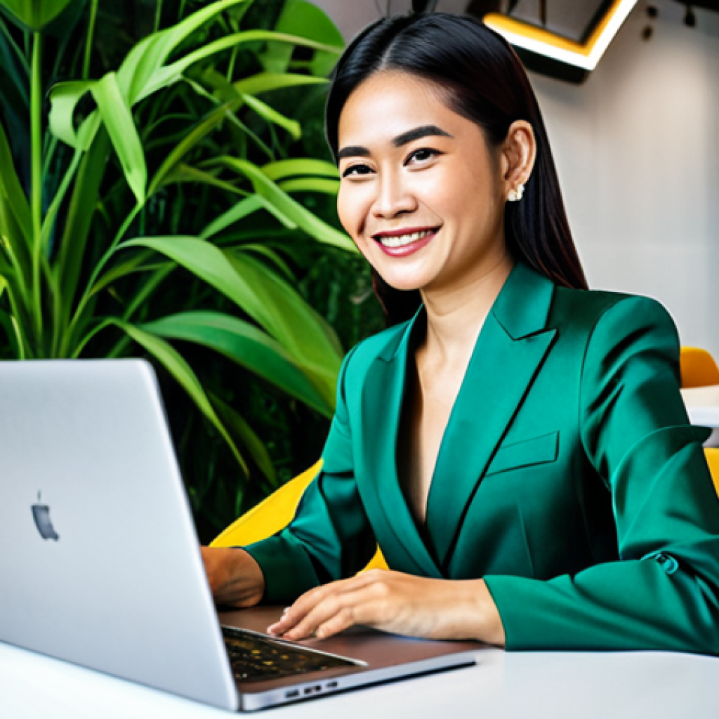 **
A professional Thai businesswoman in a modest, tailored silk suit, smiling confidently while working on a laptop at a modern co-working space in Bangkok, Thailand. Lush green plants and contemporary art decorate the background. Fully clothed, appropriate attire, safe for work, perfect anatomy, natural proportions, professional digital illustration, high quality, family-friendly.
**