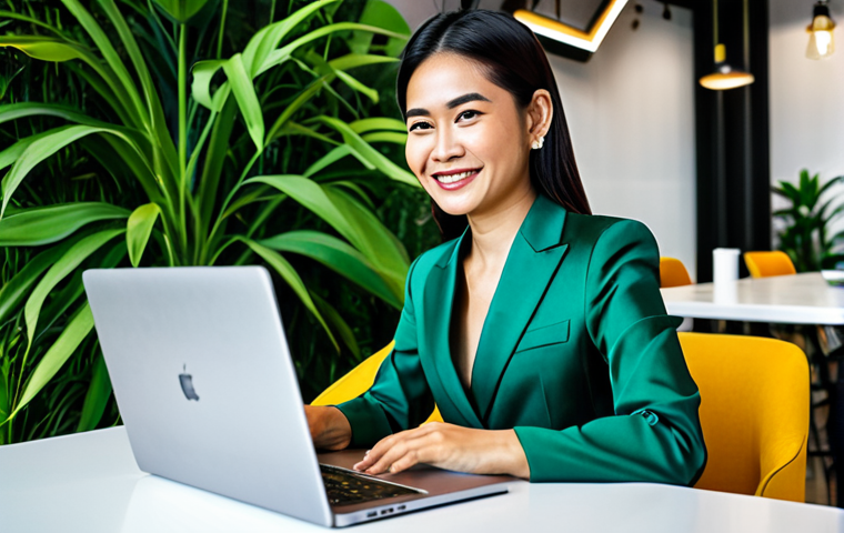 **
A professional Thai businesswoman in a modest, tailored silk suit, smiling confidently while working on a laptop at a modern co-working space in Bangkok, Thailand. Lush green plants and contemporary art decorate the background. Fully clothed, appropriate attire, safe for work, perfect anatomy, natural proportions, professional digital illustration, high quality, family-friendly.
**