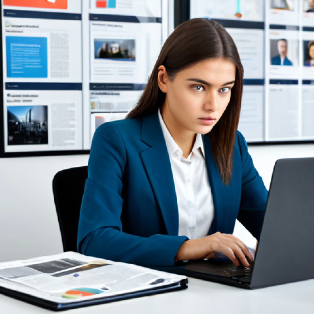 Analyzing Social Media Information**
"A young professional woman, fully clothed in a modern business casual outfit, sitting at a desk with a laptop, looking intently at the screen. The screen displays a social media feed with various news articles and posts. She is holding a magnifying glass, as if carefully examining the details. Background is a bright, clean, minimalist office space. Safe for work, appropriate content, fully clothed, professional setting, perfect anatomy, natural proportions, high resolution, realistic."
**