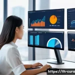 Home 22 정보 큐레이션과 관련된 커뮤니케이션 전략 - A modern digital workspace scene showing a Thai professional woman analyzing data on multiple screen...