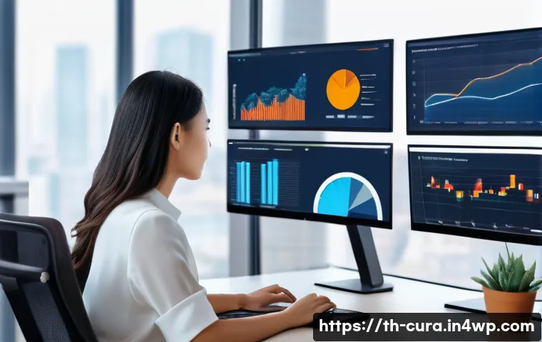 정보 큐레이션과 관련된 커뮤니케이션 전략 - A modern digital workspace scene showing a Thai professional woman analyzing data on multiple screen...
