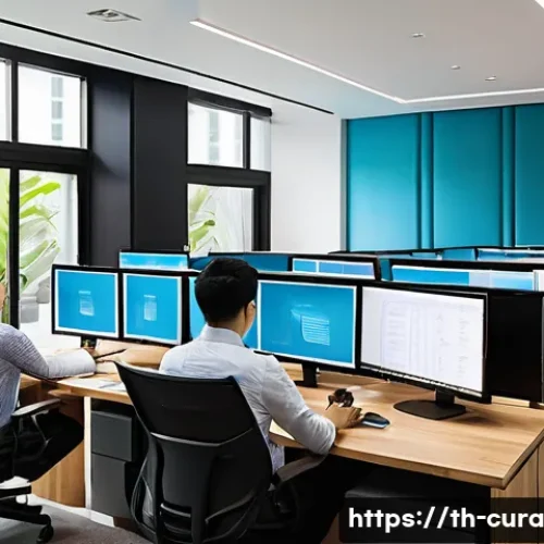 Home 33 큐레이션을 통한 새로운 정보 생태계 구축 - A modern office workspace scene in Bangkok, Thailand, showing a diverse team of data curators collab...