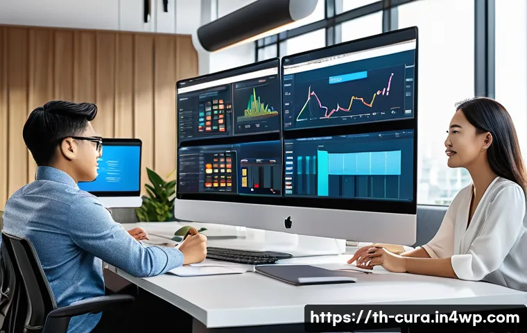 디지털 정보 큐레이션의 혁신적인 사례 - A modern digital workspace scene in a Thai office setting, featuring a diverse team of professionals...