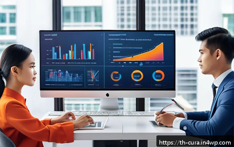디지털 정보 큐레이션을 위한 콘텐츠 개발 전략 - A modern Thai digital workspace scene showing a diverse team of young professionals analyzing data o...