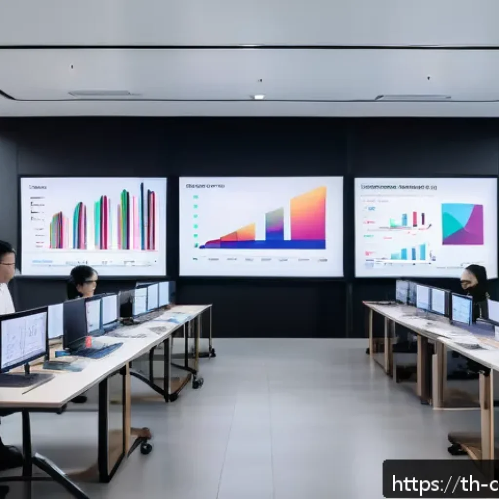 정보 큐레이션과 관련된 비즈니스 기회 - A modern office setting with a diverse team of professionals analyzing real-time business data on la...
