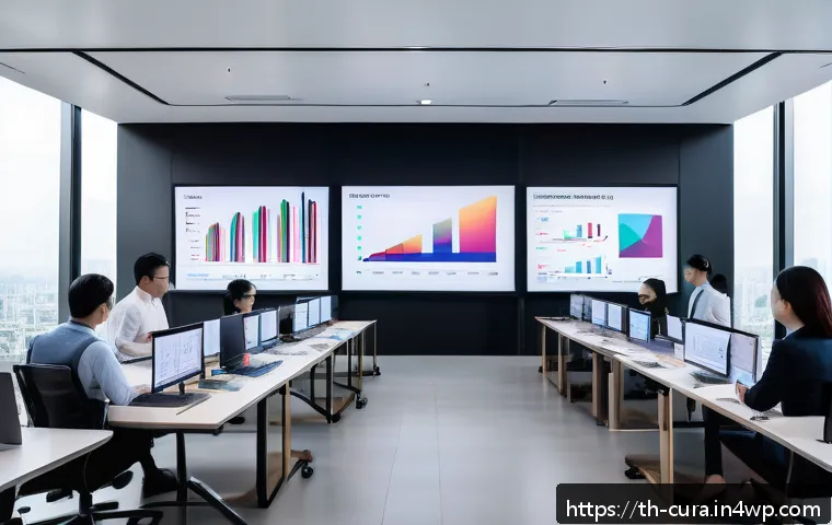 정보 큐레이션과 관련된 비즈니스 기회 - A modern office setting with a diverse team of professionals analyzing real-time business data on la...
